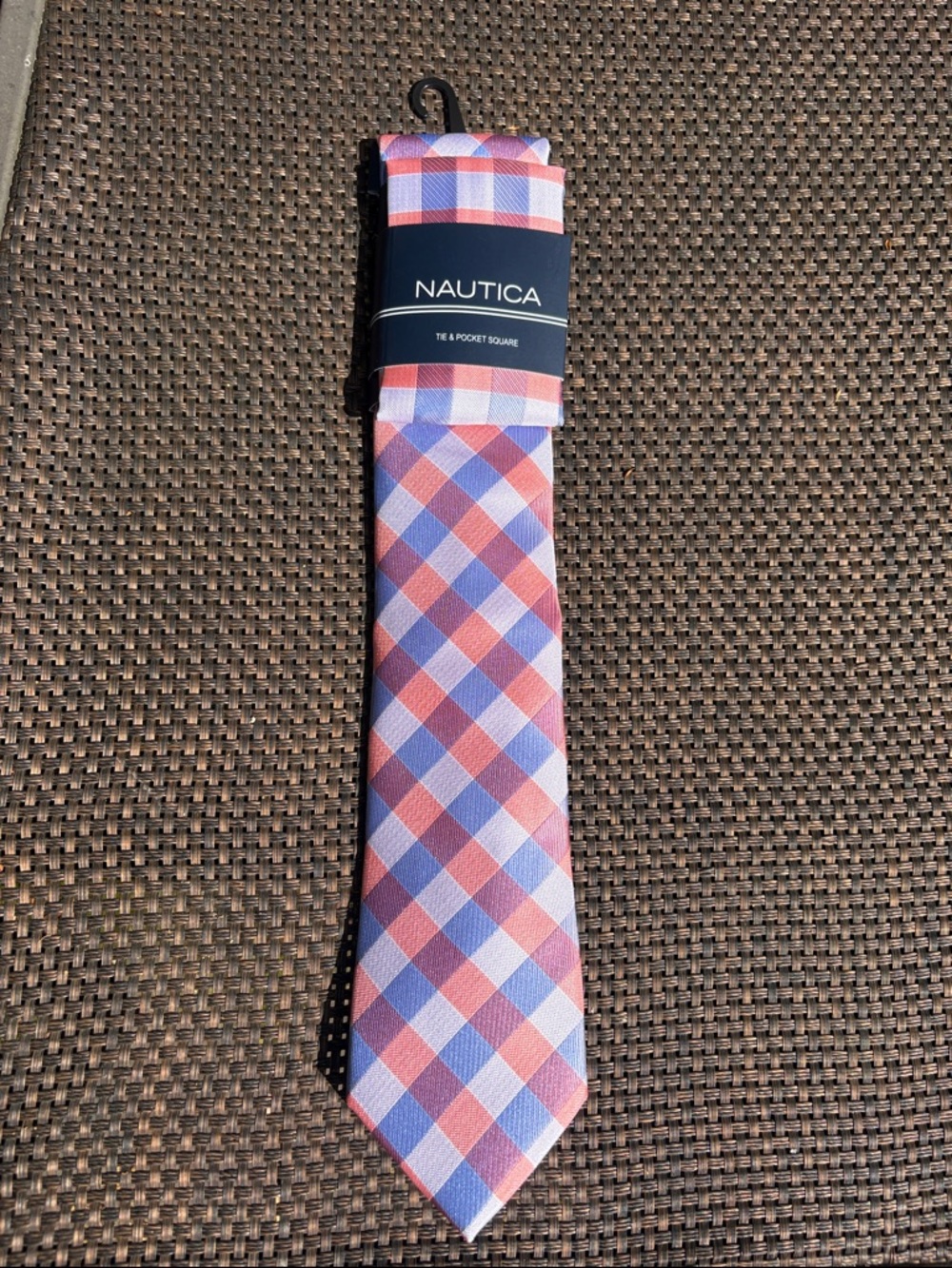 NWT Nautica Pink and Blue Gingham 100% Polyester tie with pocket square.